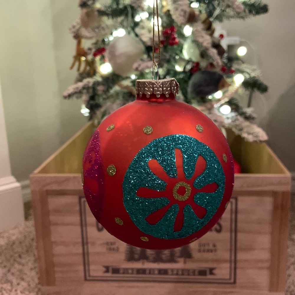 Ombré pink to orange ornament w glitter blue and pink design